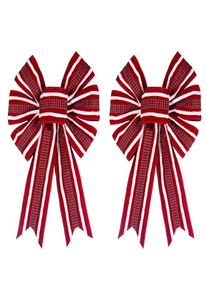 ABTOLS 2PCS Christmas Wreath Bows, Red Black Buffalo Plaid Bows for Wreath Red White Stripe Tree Topper Bow for Front Door Winter New Year Wall Ornaments Home Indoor Outdoor Decor - Image 1